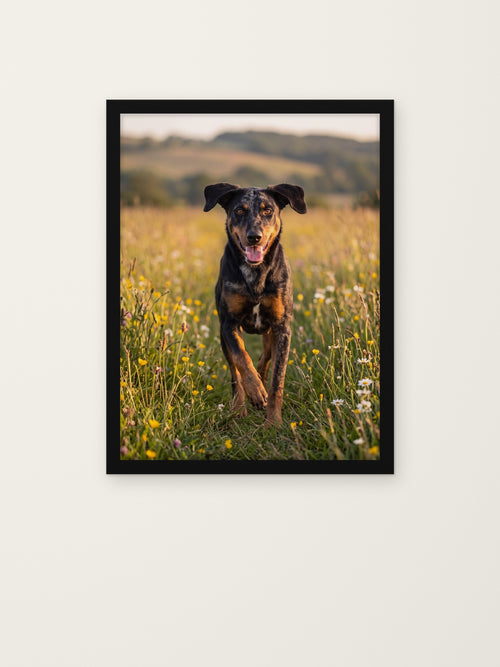 Framed pet portrait of a dog in a meadow, hanging on a wall in a black frame